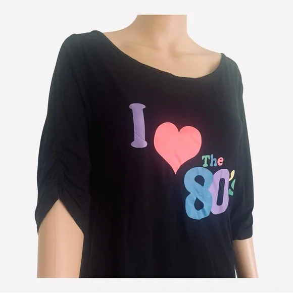 Vintage casual black top shirt L scooped neck line 3/4 ruched sleeve/hem graphic - Picture 3 of 12